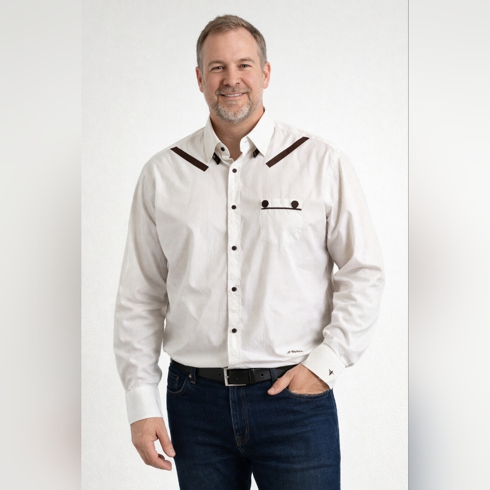 NEW! • EGAN • Men's White and Brown Pinstripe Dress Shirt With Cool Detailing